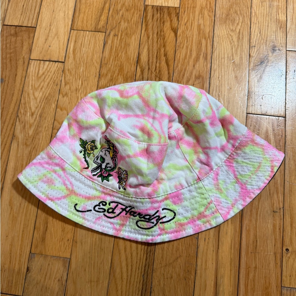 Ed Hardy Tie-Dye Bucket Hat - Pink and Green #724